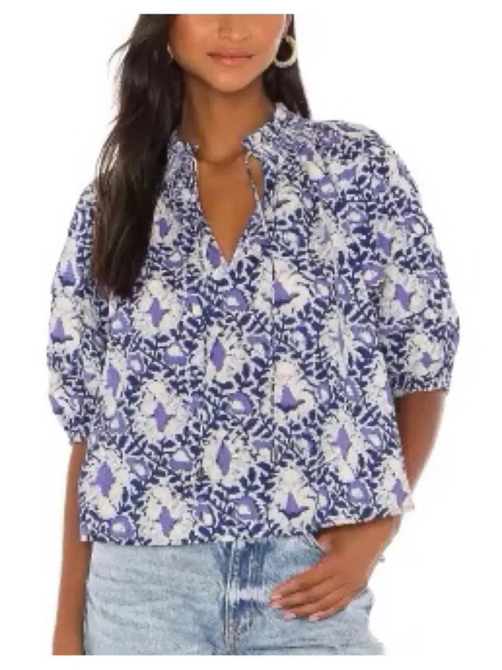 Free People Blue & Grey Floral Cotton Blouse Relaxed 3/4 Sleeves Flowy